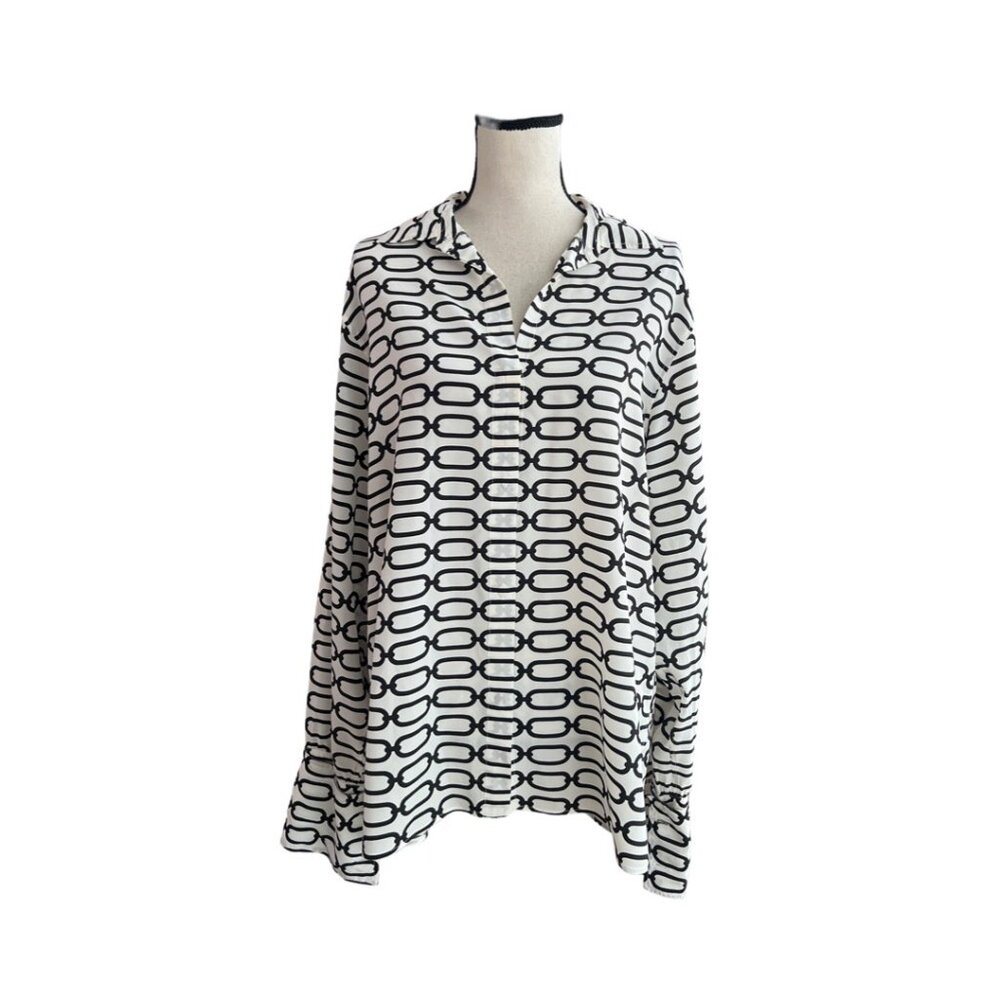 Sportmax chain print silk white black button down shirt size 14